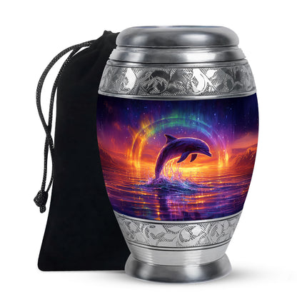Misty Blue Dolphin Cremation Urn back view with polished surface - regal dolphin design with crown-inspired accents - full-size 10 inch 200 cubic inch adult cremation urn