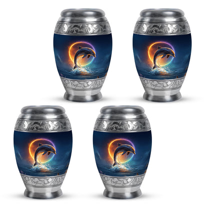 Pastel Blue Dolphin Cremation Urn urn with complimentary velvet bag - ornate monarch-style dolphin relief on brushed aluminum - 10 inch aluminum urn for cremated remains