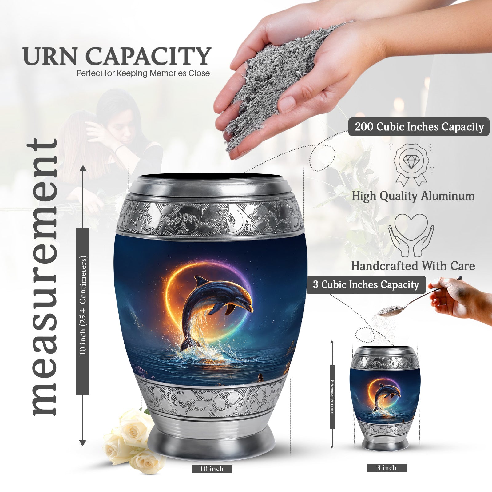Bright Blue Dolphin Cremation Urn lifestyle display on memorial shelf - royal dolphin engraving with decorative scrollwork - mini keepsake memorial for portion of cremation ashes