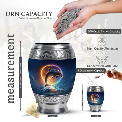 Bright Blue Dolphin Cremation Urn lifestyle display on memorial shelf - royal dolphin engraving with decorative scrollwork - mini keepsake memorial for portion of cremation ashes