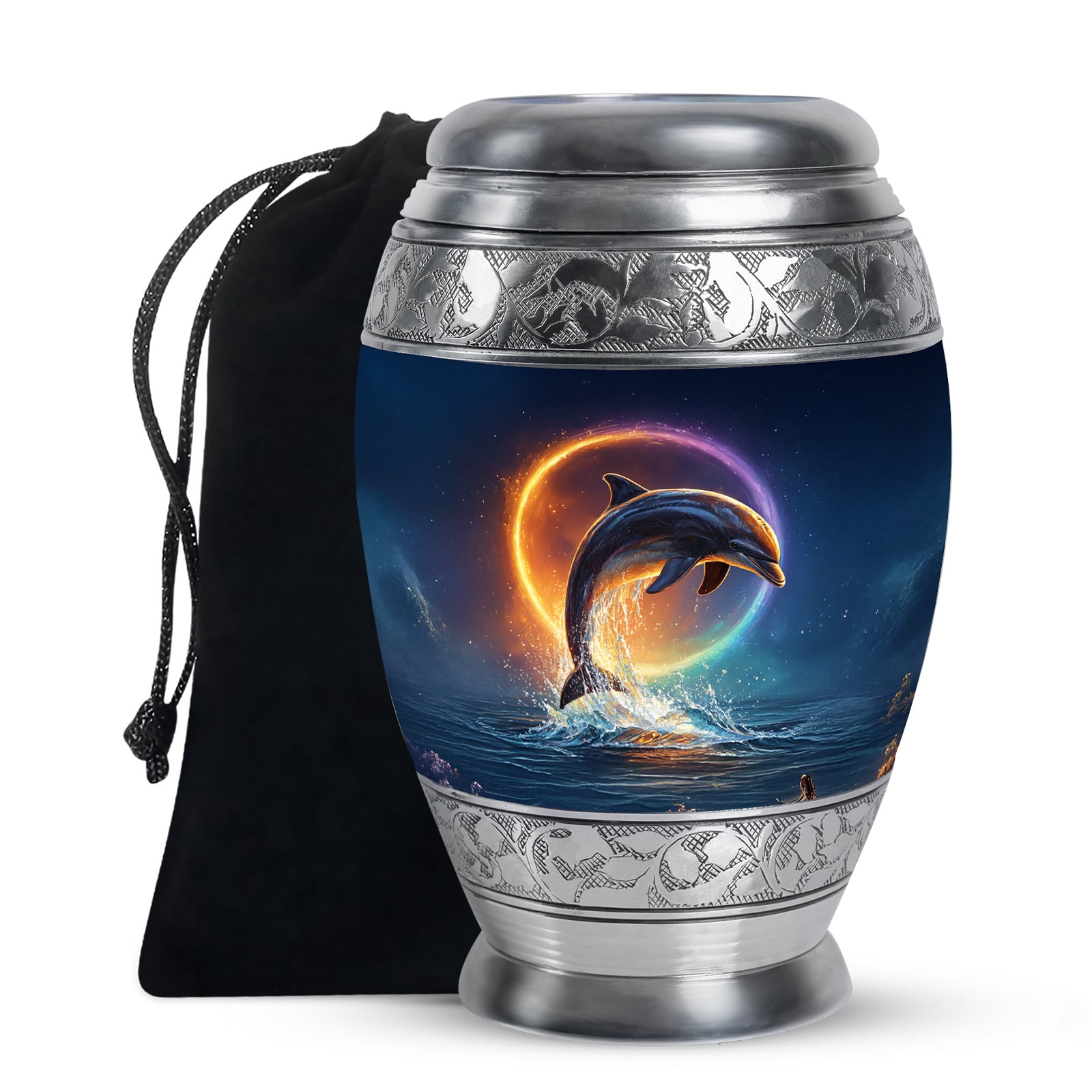 Icy Blue Dolphin Cremation Urn back view with polished surface - regal dolphin design with crown-inspired accents - full-size 10 inch 200 cubic inch adult cremation urn