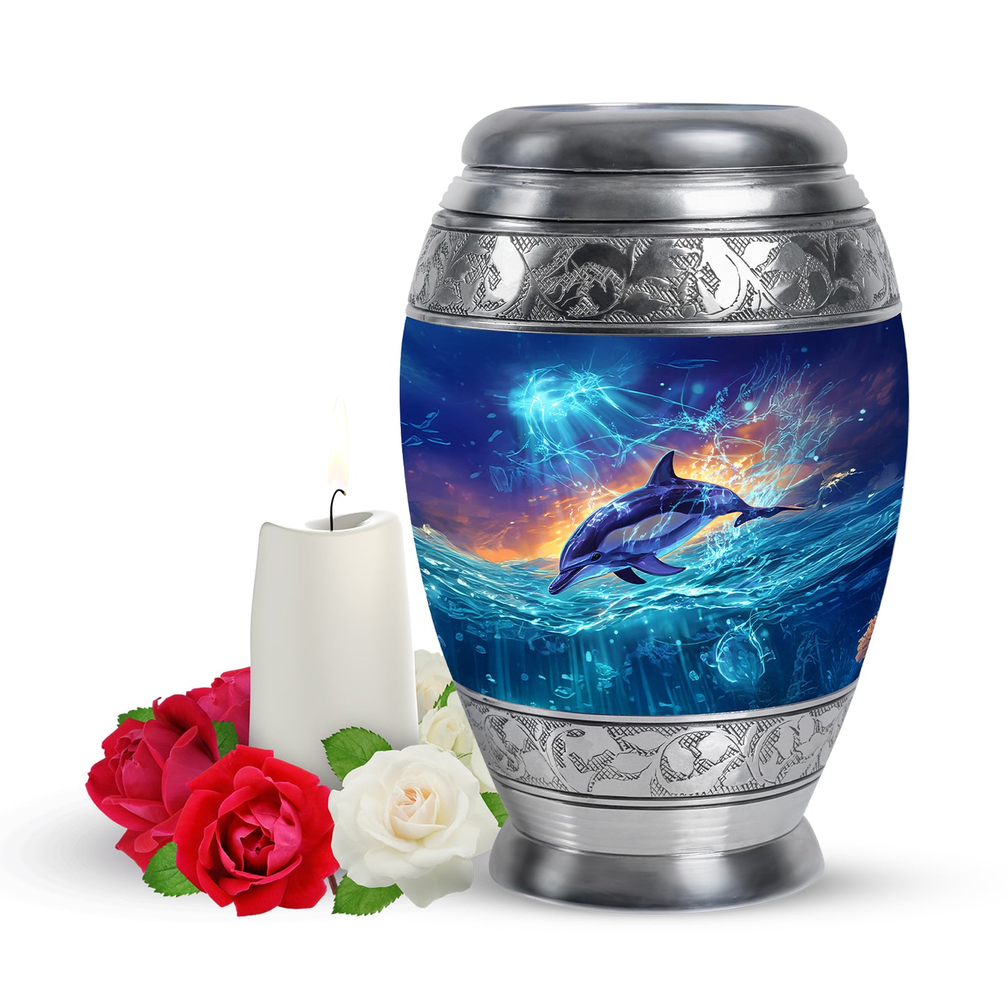 Blue Venerable Dolphin Cremation Urns for Human Ashes - 10-inch, 200 cu in - Yatskia