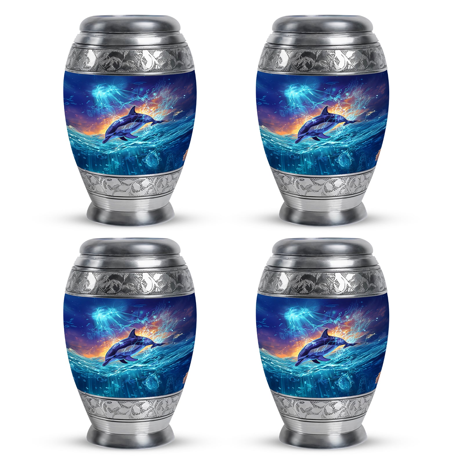 Royal Blue Dolphin Cremation Urn urn with complimentary velvet bag - royal dolphin engraving with decorative scrollwork - 10 inch aluminum urn for cremated remains