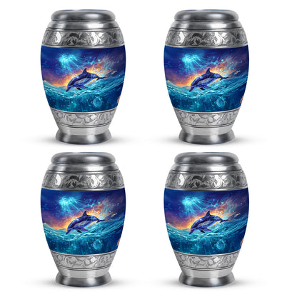 Royal Blue Dolphin Cremation Urn urn with complimentary velvet bag - royal dolphin engraving with decorative scrollwork - 10 inch aluminum urn for cremated remains
