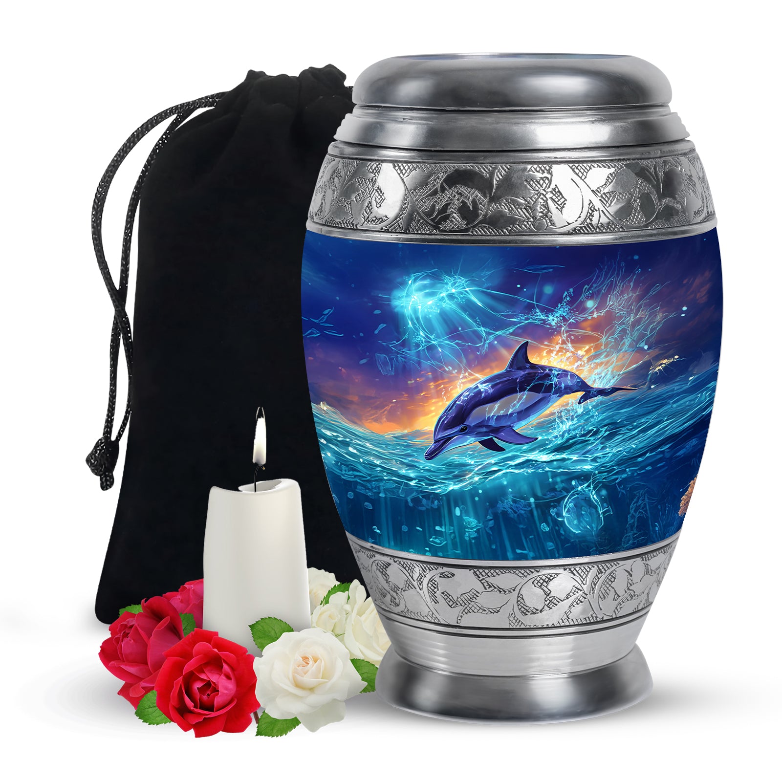 Pastel Blue Dolphin Cremation Urn back view with polished surface - ornate monarch-style dolphin relief on brushed aluminum - full-size 10 inch 200 cubic inch adult cremation urn