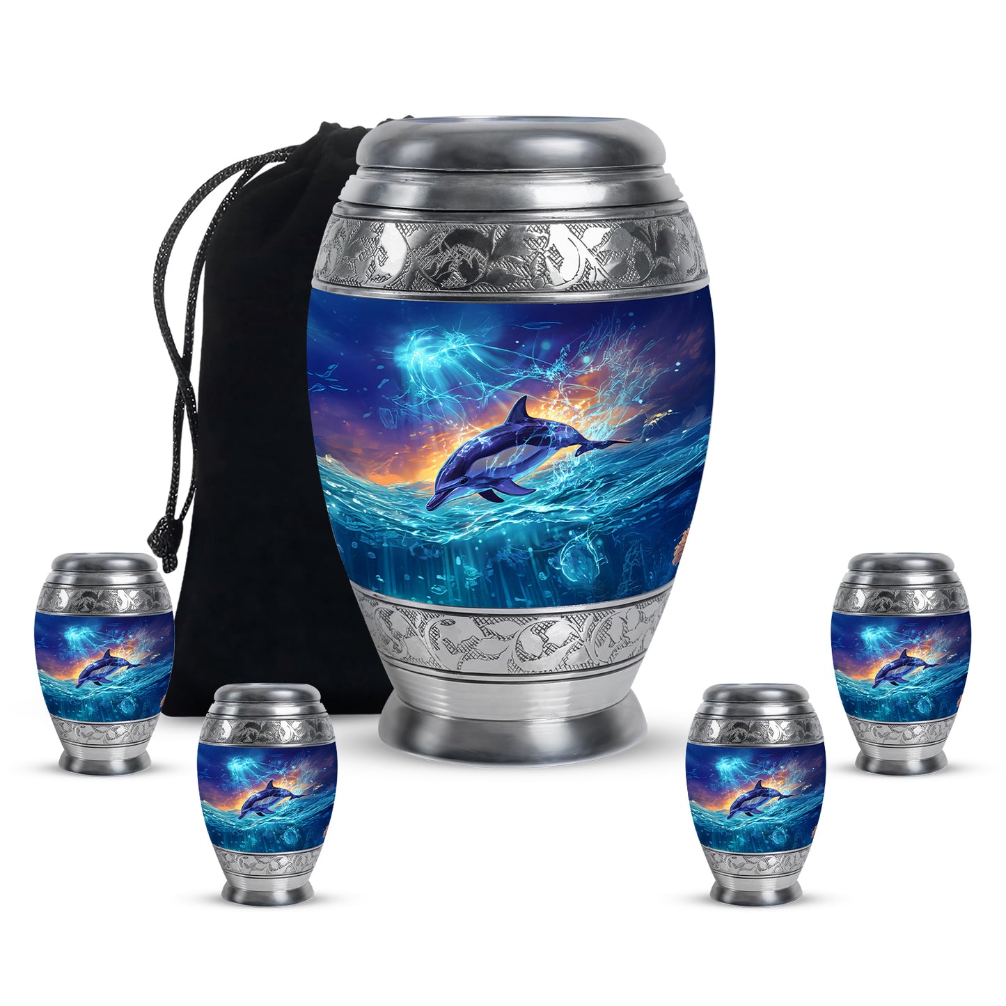 Pastel Blue Dolphin Cremation Urn detail view - ornate monarch-style dolphin relief on brushed aluminum - memorial set with one large and four small urns