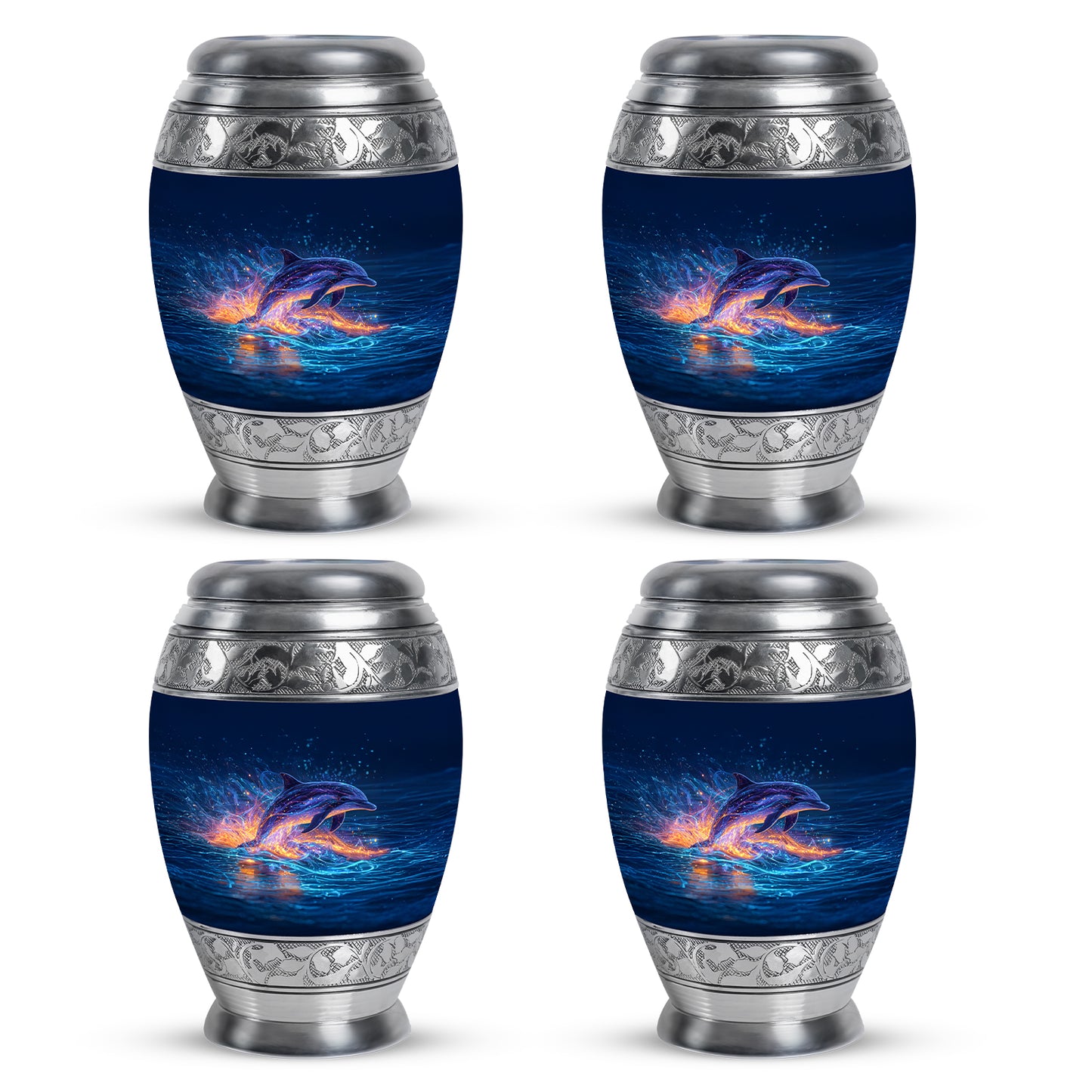 Powder Blue Dolphin Cremation Urn urn with complimentary velvet bag - ornate monarch-style dolphin relief on brushed aluminum - 10 inch aluminum urn for cremated remains