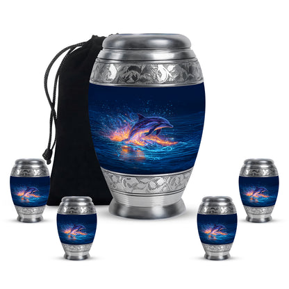 Soft Blue Dolphin Cremation Urn detail view - majestic dolphin pattern with filigree border - memorial set with one large and four small urns
