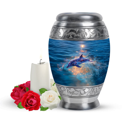Blue Breathtaking Dolphin Memorial Urn for Ashes - 10-inch, 200 cu in - Yatskia