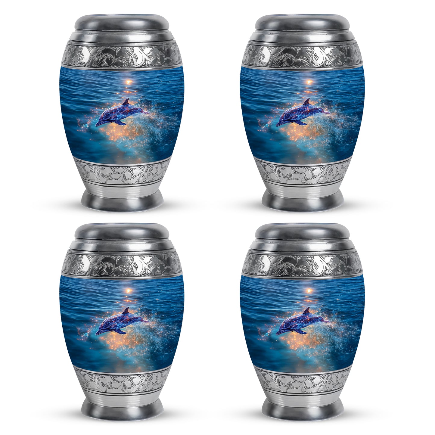 Royal Blue Dolphin Cremation Urn urn with complimentary velvet bag - royal dolphin engraving with decorative scrollwork - 10 inch aluminum urn for cremated remains