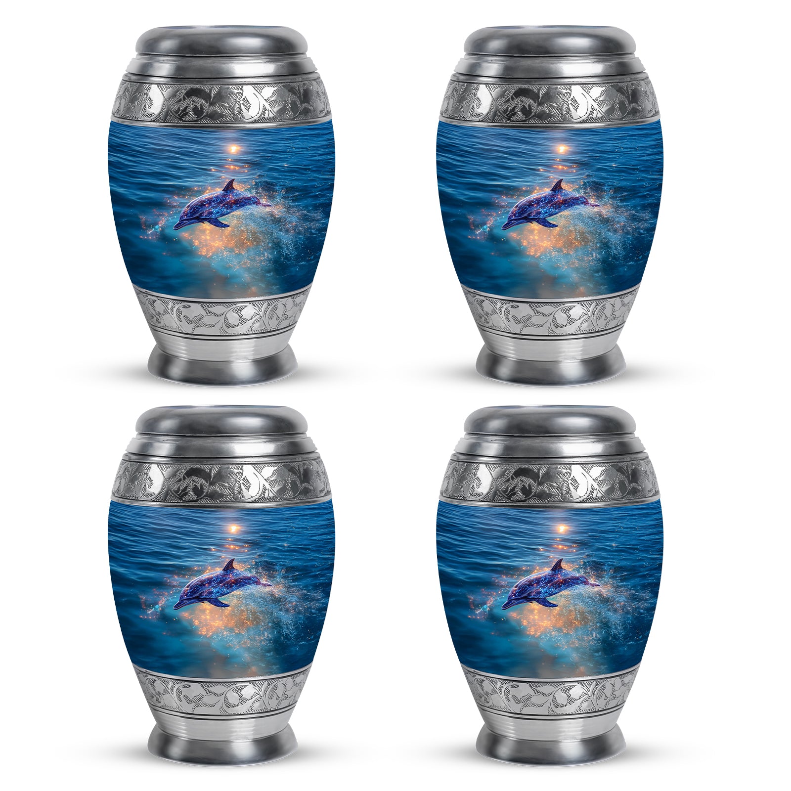 Royal Blue Dolphin Cremation Urn urn with complimentary velvet bag - royal dolphin engraving with decorative scrollwork - 10 inch aluminum urn for cremated remains