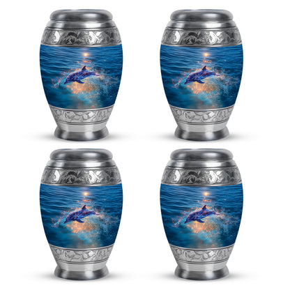 Royal Blue Dolphin Cremation Urn urn with complimentary velvet bag - royal dolphin engraving with decorative scrollwork - 10 inch aluminum urn for cremated remains