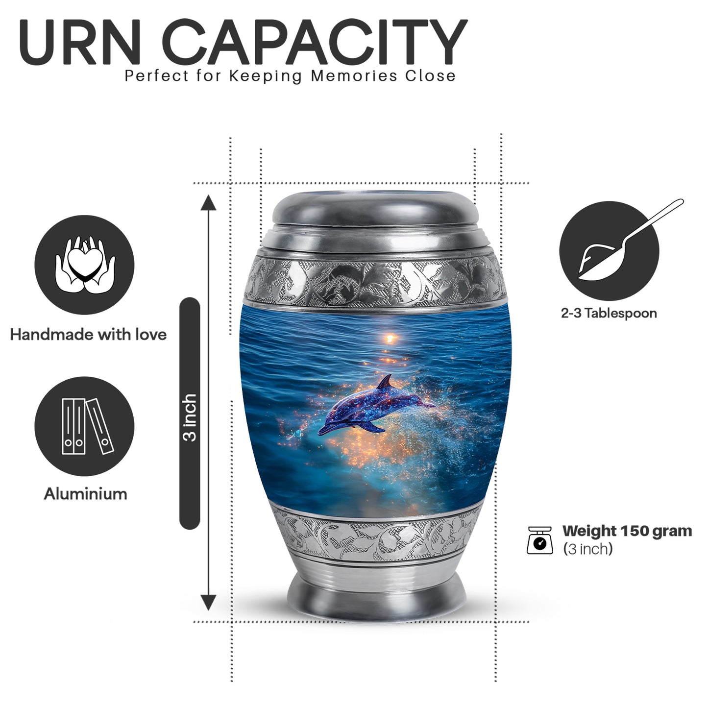 Serene Blue Dolphin Cremation Urn lifestyle display on memorial shelf - royal dolphin engraving with decorative scrollwork - mini keepsake memorial for portion of cremation ashes