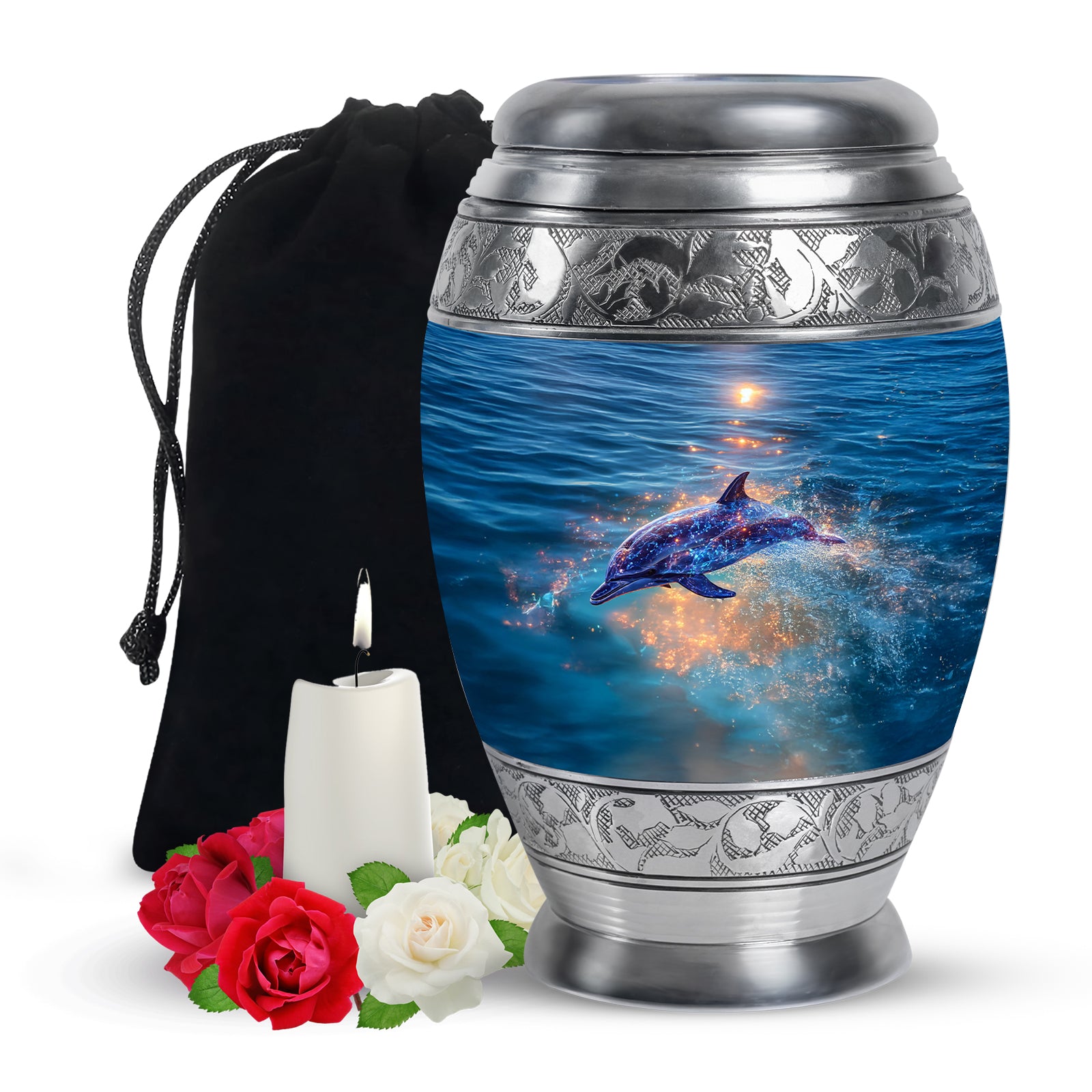 Sapphire Blue Dolphin Cremation Urn back view with polished surface - majestic dolphin pattern with filigree border - full-size 10 inch 200 cubic inch adult cremation urn