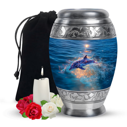 Sapphire Blue Dolphin Cremation Urn back view with polished surface - majestic dolphin pattern with filigree border - full-size 10 inch 200 cubic inch adult cremation urn