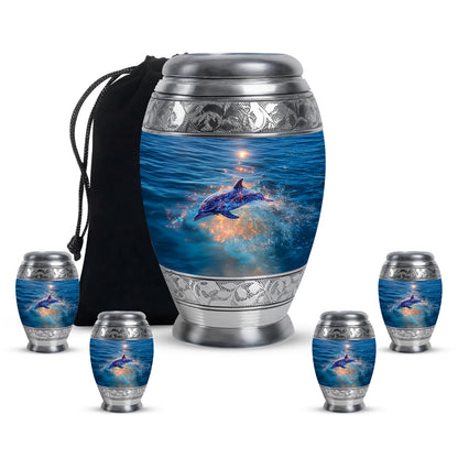 Soft Blue Dolphin Cremation Urn detail view - royal dolphin engraving with decorative scrollwork - memorial set with one large and four small urns