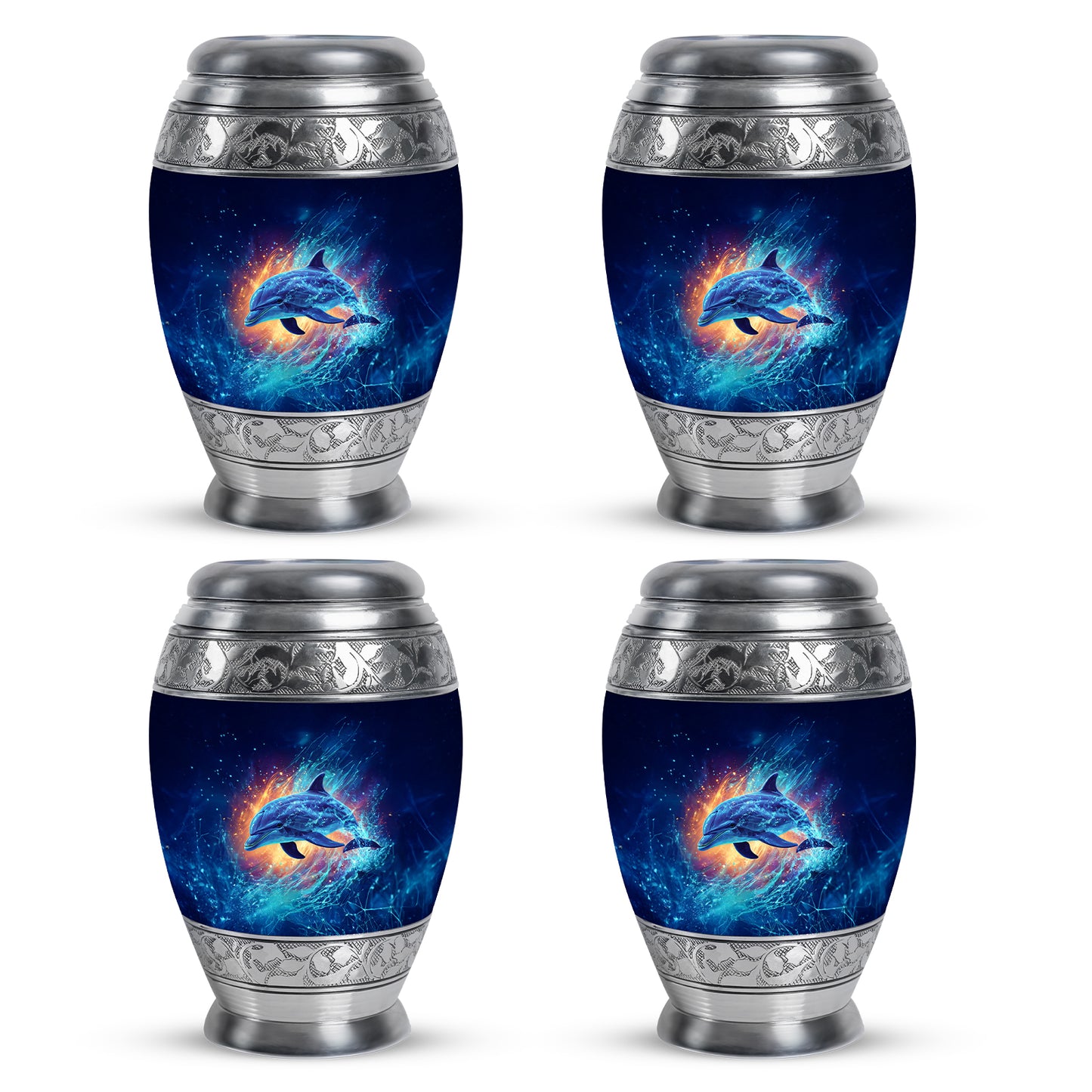 Royal Blue Dolphin Cremation Urn urn with complimentary velvet bag - majestic dolphin pattern with filigree border - 10 inch aluminum urn for cremated remains