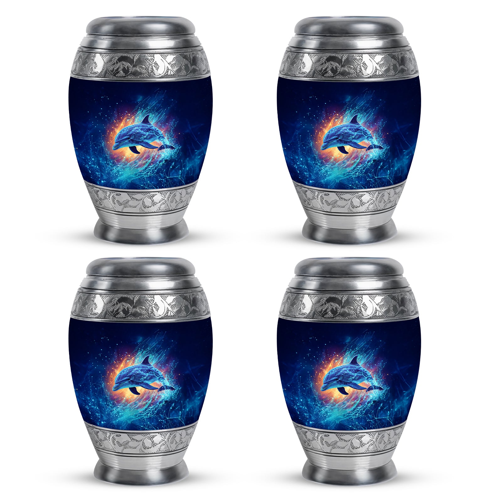 Royal Blue Dolphin Cremation Urn urn with complimentary velvet bag - majestic dolphin pattern with filigree border - 10 inch aluminum urn for cremated remains