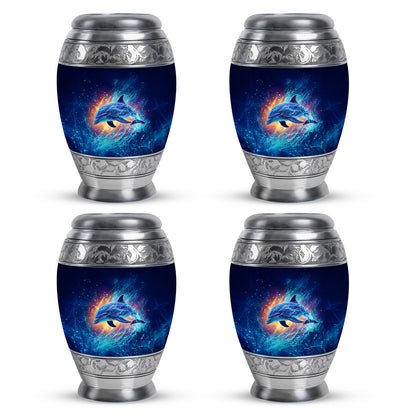 Royal Blue Dolphin Cremation Urn urn with complimentary velvet bag - majestic dolphin pattern with filigree border - 10 inch aluminum urn for cremated remains