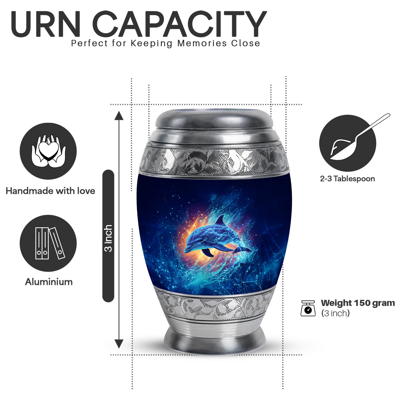 Dusty Blue Dolphin Cremation Urn lifestyle display on memorial shelf - ornate monarch-style dolphin relief on brushed aluminum - mini keepsake memorial for portion of cremation ashes