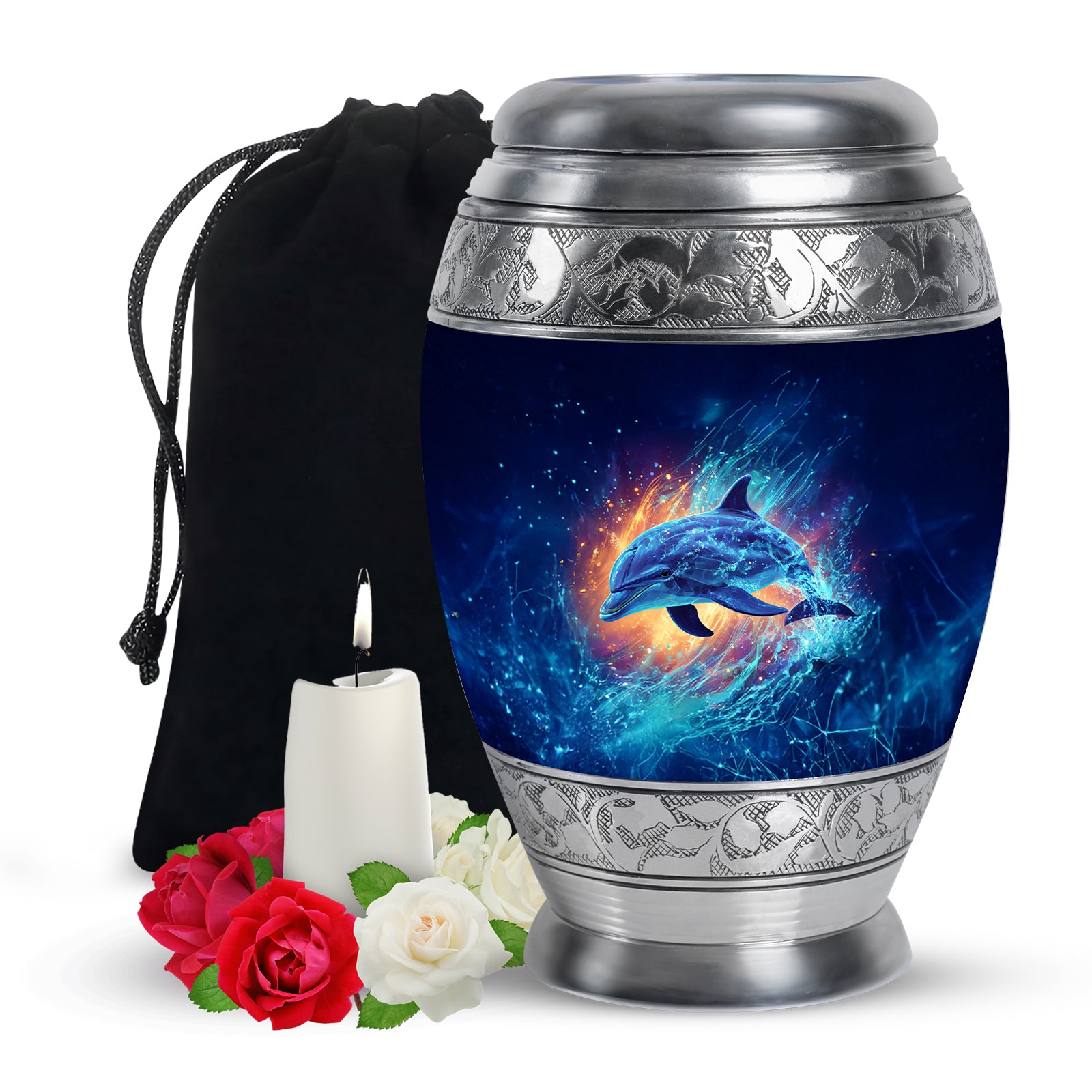 Pastel Blue Dolphin Cremation Urn back view with polished surface - ornate monarch-style dolphin relief on brushed aluminum - full-size 10 inch 200 cubic inch adult cremation urn