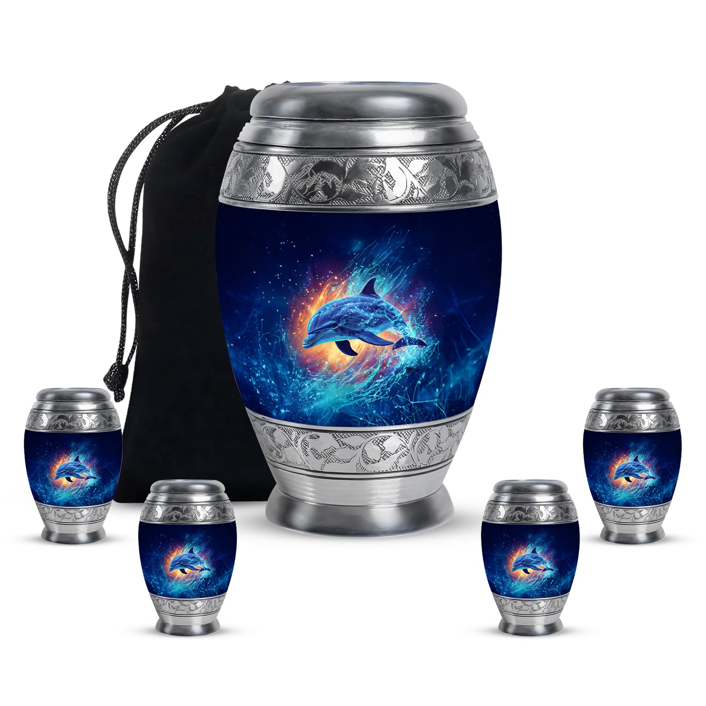 Powder Blue Dolphin Cremation Urn detail view - regal dolphin design with crown-inspired accents - memorial set with one large and four small urns