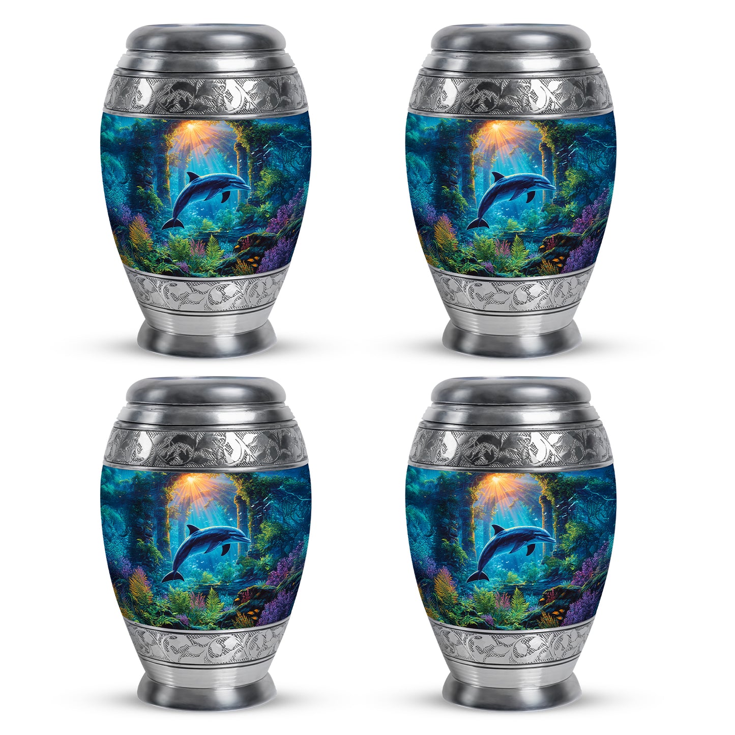 Ash Gray Dolphin Cremation Urn urn with complimentary velvet bag - royal dolphin engraving with decorative scrollwork - 10 inch aluminum urn for cremated remains