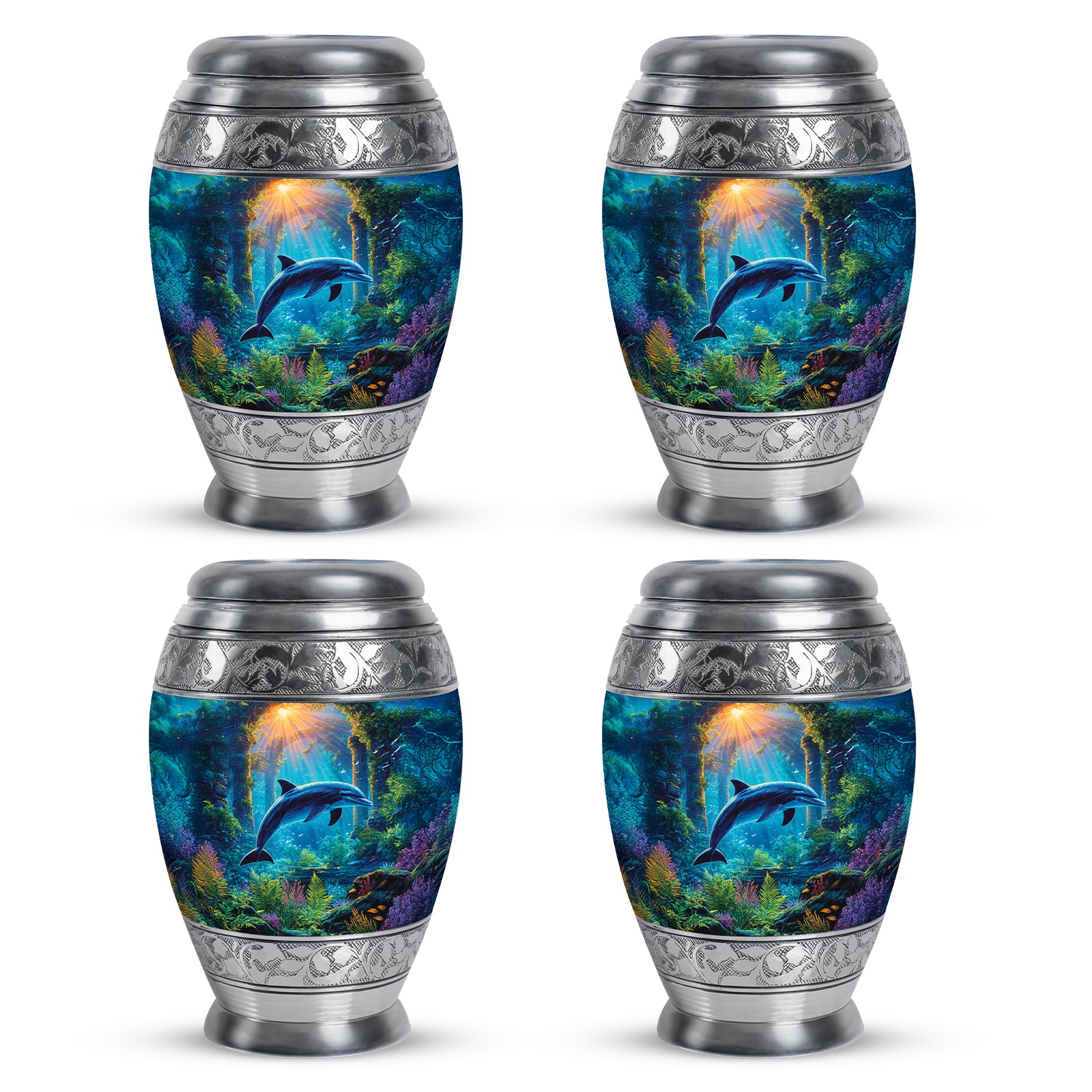 Ash Gray Dolphin Cremation Urn urn with complimentary velvet bag - royal dolphin engraving with decorative scrollwork - 10 inch aluminum urn for cremated remains
