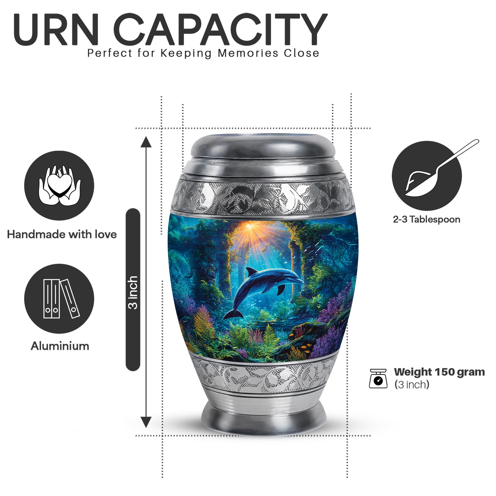 Steel Gray Dolphin Cremation Urn lifestyle display on memorial shelf - majestic dolphin pattern with filigree border - mini keepsake memorial for portion of cremation ashes