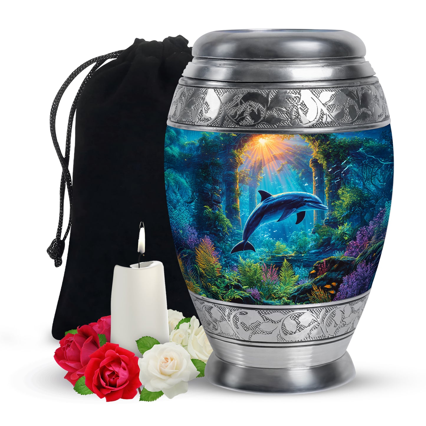 Smoke Gray Dolphin Cremation Urn back view with polished surface - majestic dolphin pattern with filigree border - full-size 10 inch 200 cubic inch adult cremation urn