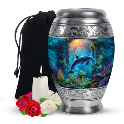 Smoke Gray Dolphin Cremation Urn back view with polished surface - majestic dolphin pattern with filigree border - full-size 10 inch 200 cubic inch adult cremation urn