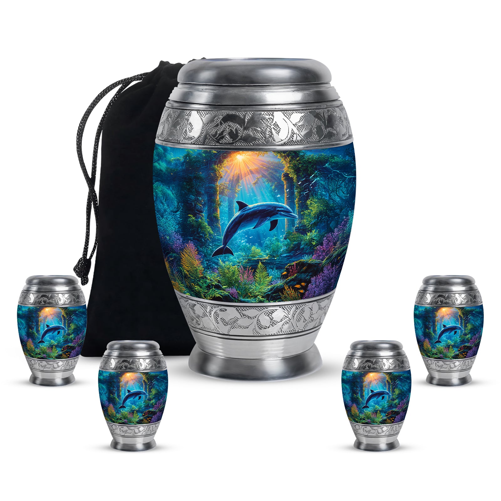 Steel Gray Dolphin Cremation Urn detail view - royal dolphin engraving with decorative scrollwork - memorial set with one large and four small urns