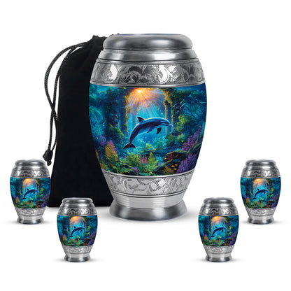 Steel Gray Dolphin Cremation Urn detail view - royal dolphin engraving with decorative scrollwork - memorial set with one large and four small urns