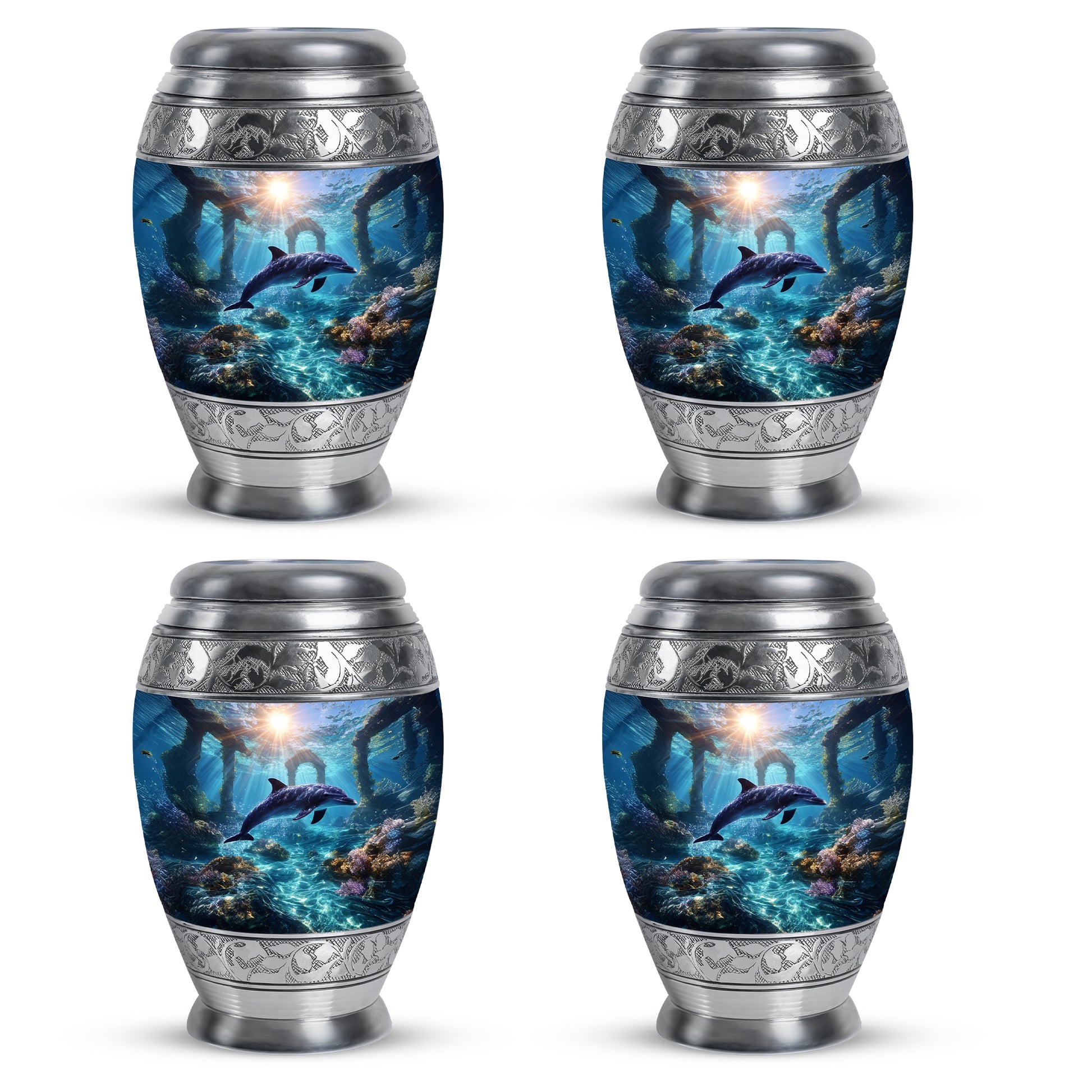 Vivid Blue Dolphin Cremation Urn urn with complimentary velvet bag - majestic dolphin pattern with filigree border - 10 inch aluminum urn for cremated remains