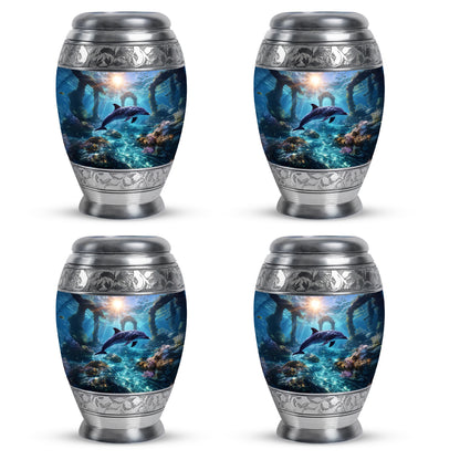 Vivid Blue Dolphin Cremation Urn urn with complimentary velvet bag - majestic dolphin pattern with filigree border - 10 inch aluminum urn for cremated remains