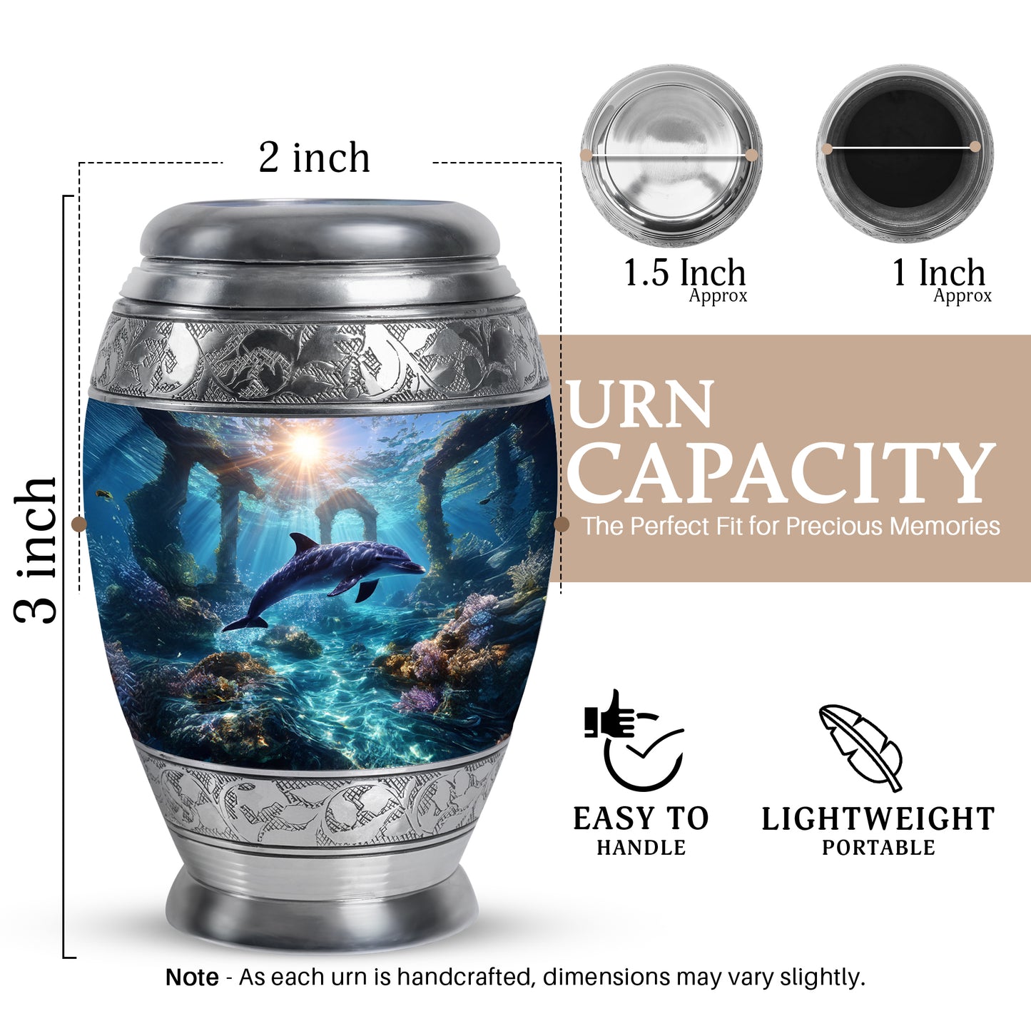 Vivid Blue Dolphin Cremation Urn lifestyle display on memorial shelf - royal dolphin engraving with decorative scrollwork - mini keepsake memorial for portion of cremation ashes