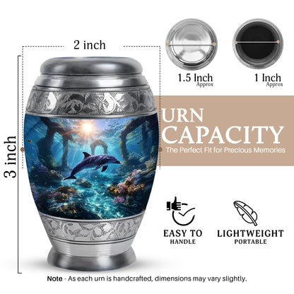 Vivid Blue Dolphin Cremation Urn lifestyle display on memorial shelf - royal dolphin engraving with decorative scrollwork - mini keepsake memorial for portion of cremation ashes