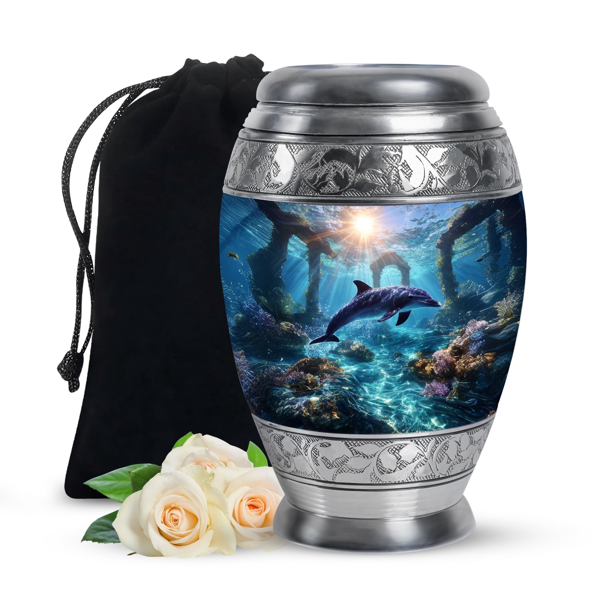 Serene Blue Dolphin Cremation Urn back view with polished surface - majestic dolphin pattern with filigree border - full-size 10 inch 200 cubic inch adult cremation urn