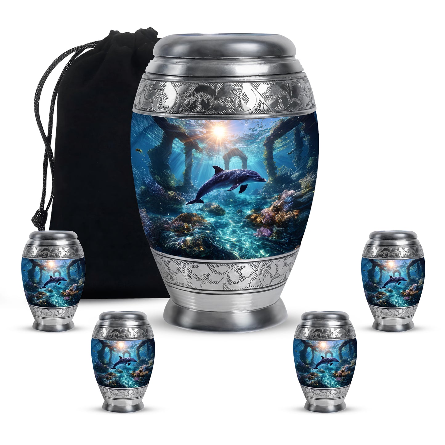 Serene Blue Dolphin Cremation Urn detail view - royal dolphin engraving with decorative scrollwork - memorial set with one large and four small urns