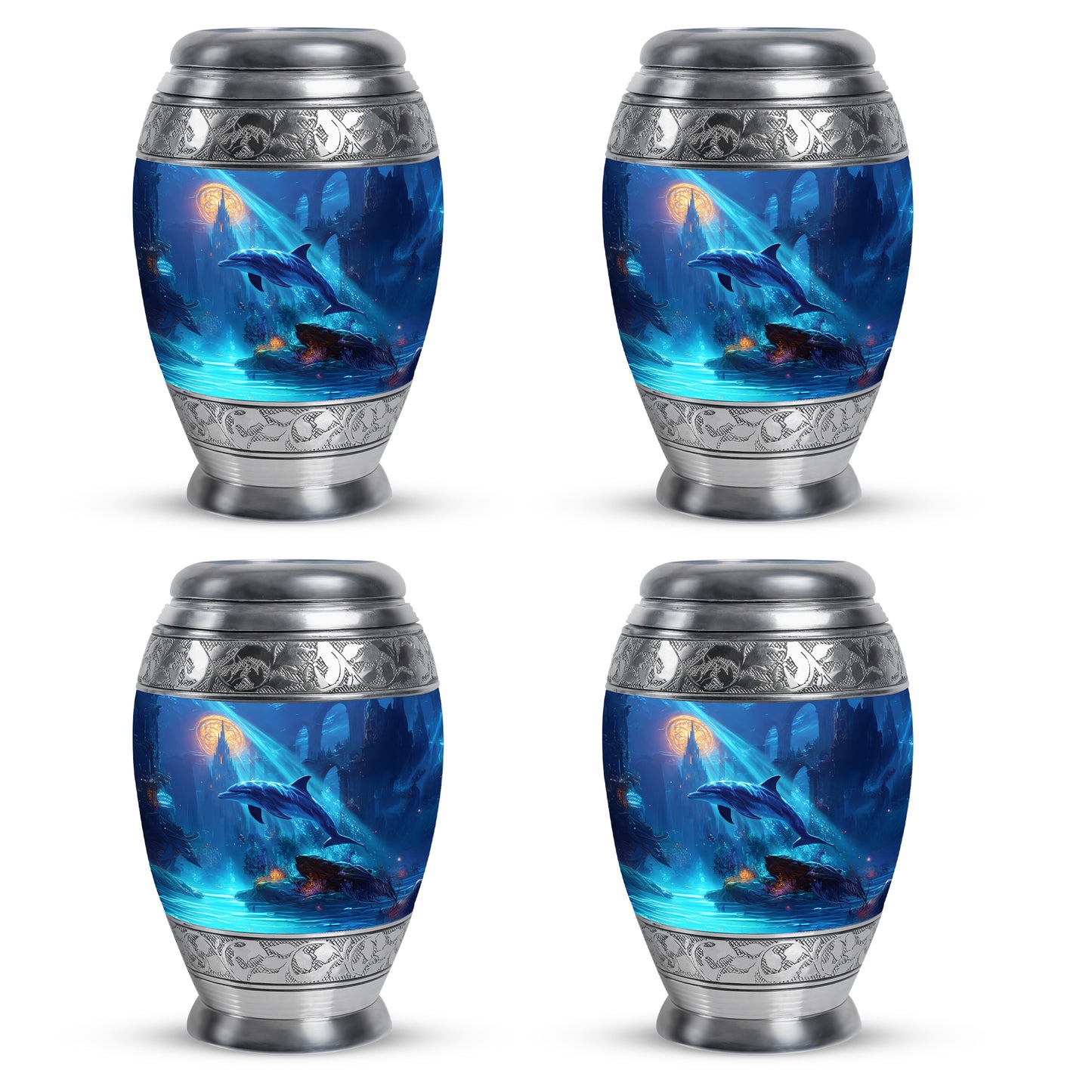 Indigo Dolphin Cremation Urn urn with complimentary velvet bag - ornate monarch-style dolphin relief on brushed aluminum - 10 inch aluminum urn for cremated remains