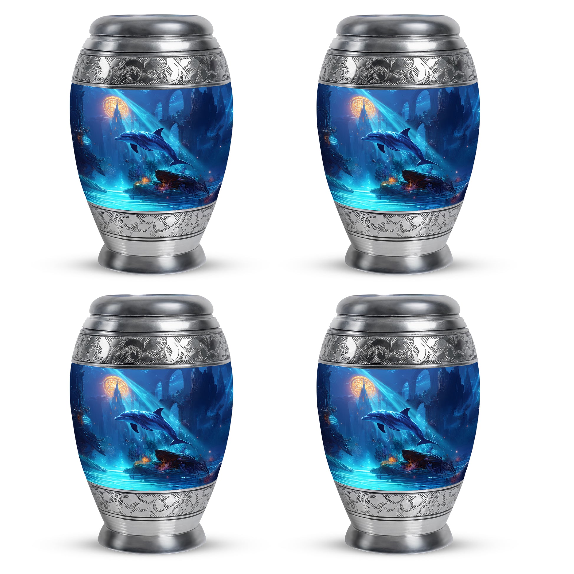 Indigo Dolphin Cremation Urn urn with complimentary velvet bag - ornate monarch-style dolphin relief on brushed aluminum - 10 inch aluminum urn for cremated remains