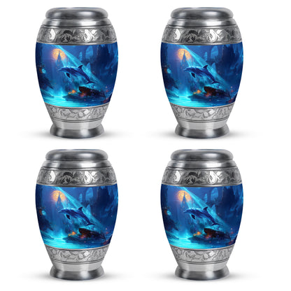 Indigo Dolphin Cremation Urn urn with complimentary velvet bag - ornate monarch-style dolphin relief on brushed aluminum - 10 inch aluminum urn for cremated remains