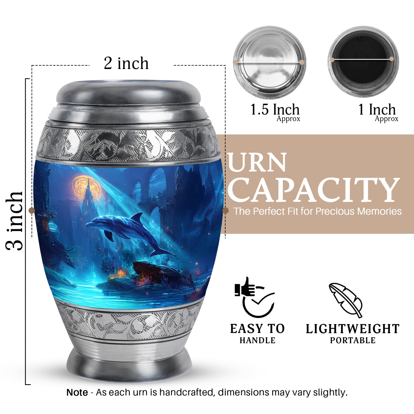 Cobalt Blue Dolphin Cremation Urn lifestyle display on memorial shelf - royal dolphin engraving with decorative scrollwork - mini keepsake memorial for portion of cremation ashes