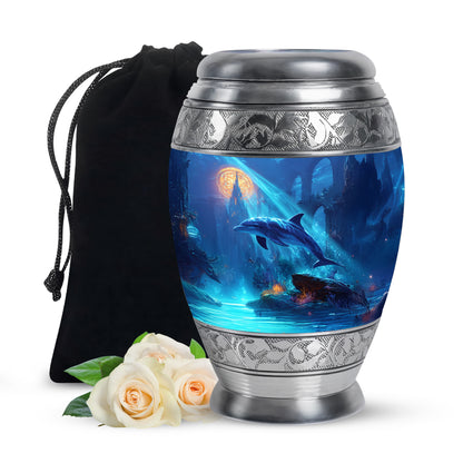 Royal Blue Dolphin Cremation Urn back view with polished surface - royal dolphin engraving with decorative scrollwork - full-size 10 inch 200 cubic inch adult cremation urn