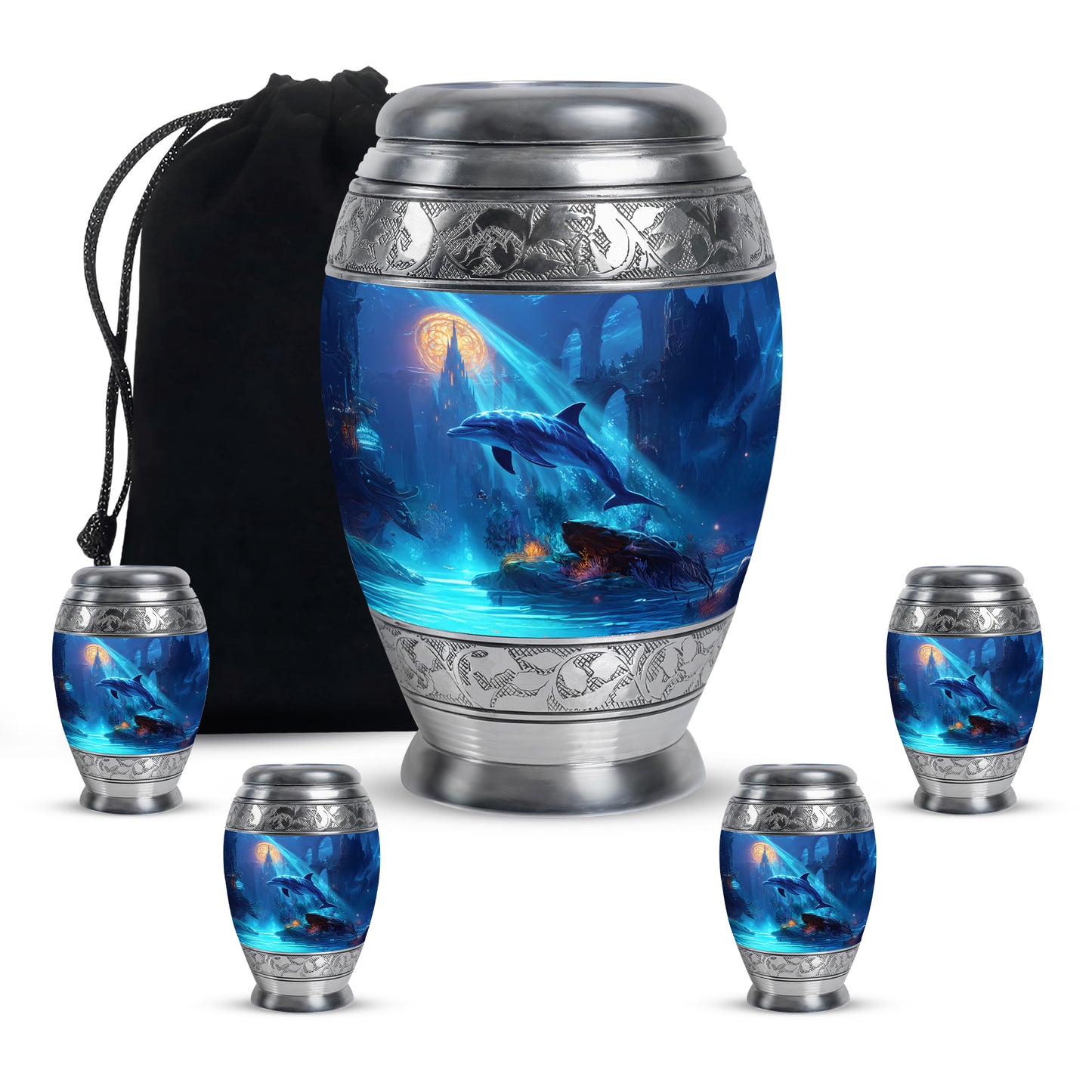 Bright Blue Dolphin Cremation Urn detail view - majestic dolphin pattern with filigree border - memorial set with one large and four small urns