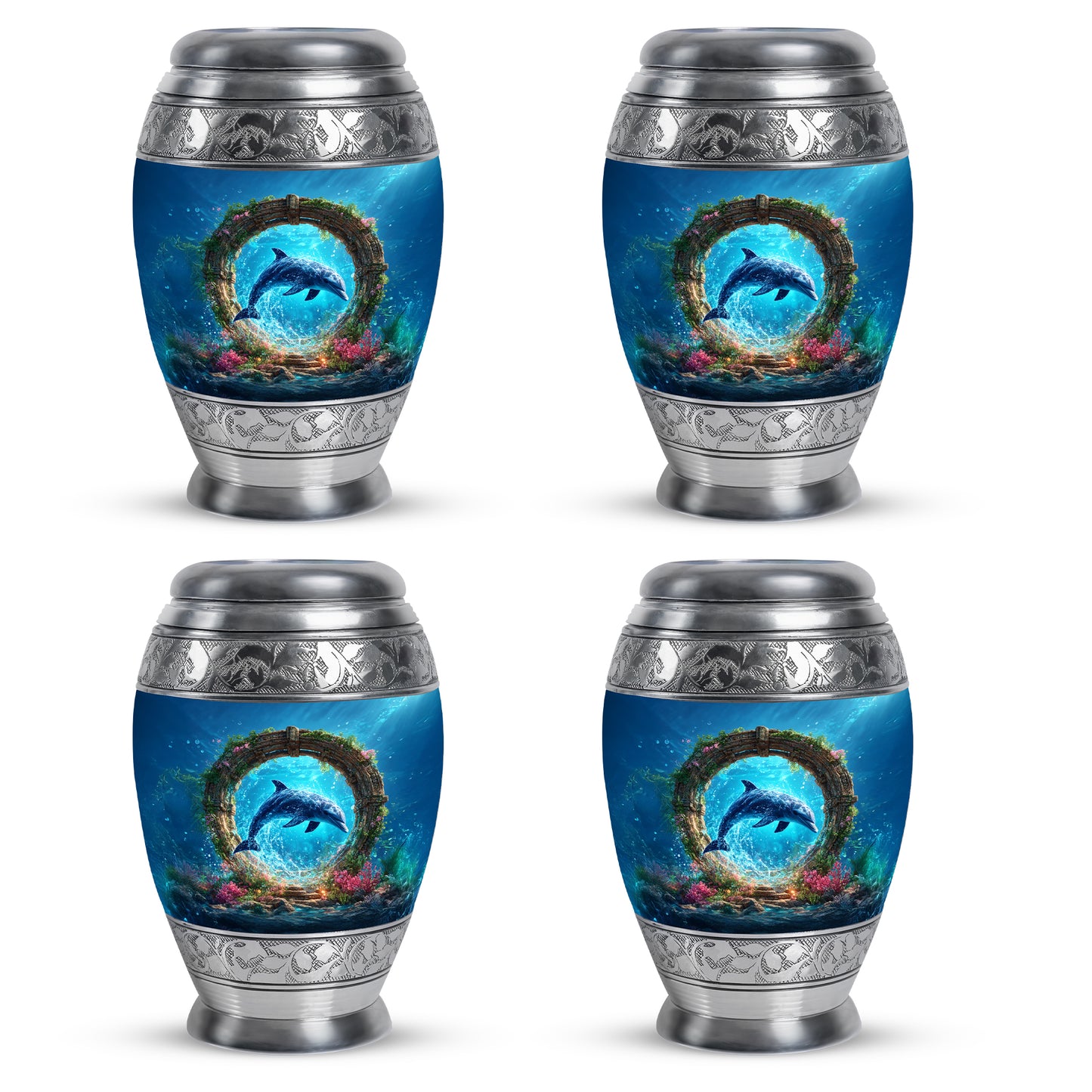 Pastel Blue Dolphin Cremation Urn urn with complimentary velvet bag - ornate monarch-style dolphin relief on brushed aluminum - 10 inch aluminum urn for cremated remains