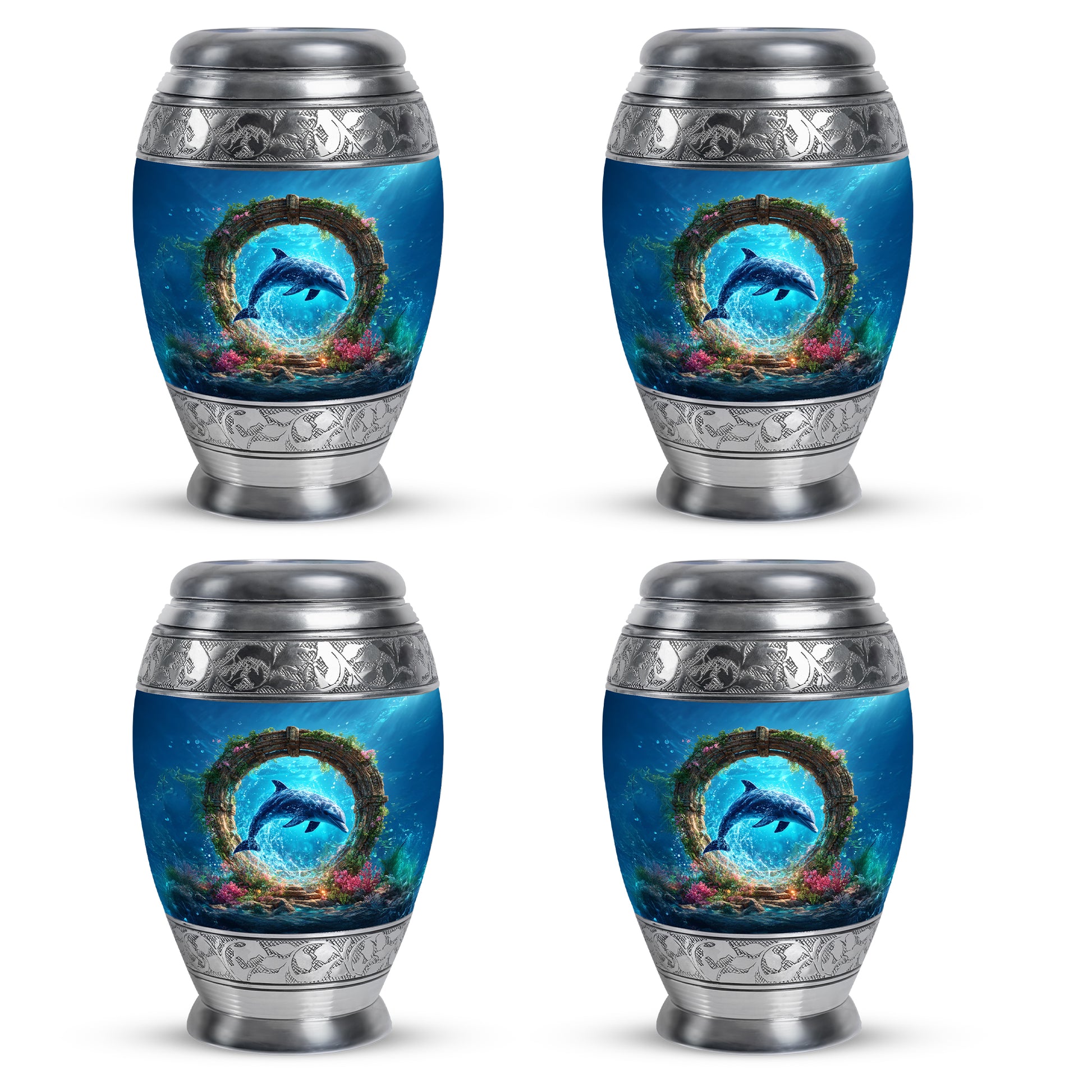 Pastel Blue Dolphin Cremation Urn urn with complimentary velvet bag - ornate monarch-style dolphin relief on brushed aluminum - 10 inch aluminum urn for cremated remains