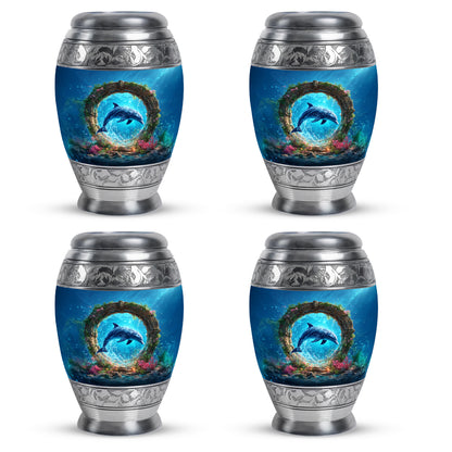 Pastel Blue Dolphin Cremation Urn urn with complimentary velvet bag - ornate monarch-style dolphin relief on brushed aluminum - 10 inch aluminum urn for cremated remains