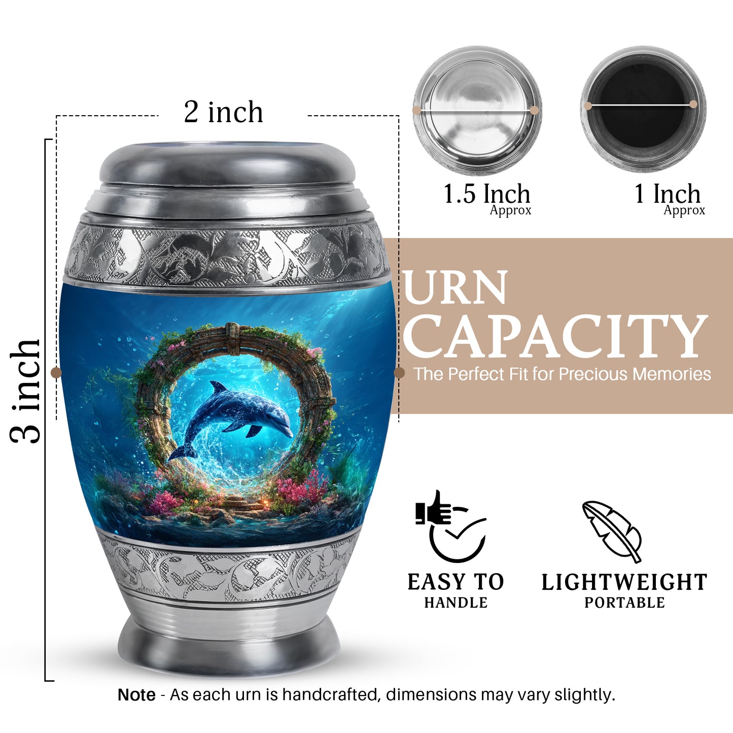 Vivid Blue Dolphin Cremation Urn lifestyle display on memorial shelf - majestic dolphin pattern with filigree border - mini keepsake memorial for portion of cremation ashes