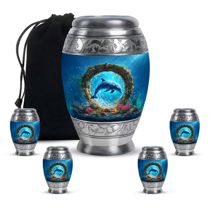 Dusty Blue Dolphin Cremation Urn detail view - regal dolphin design with crown-inspired accents - memorial set with one large and four small urns